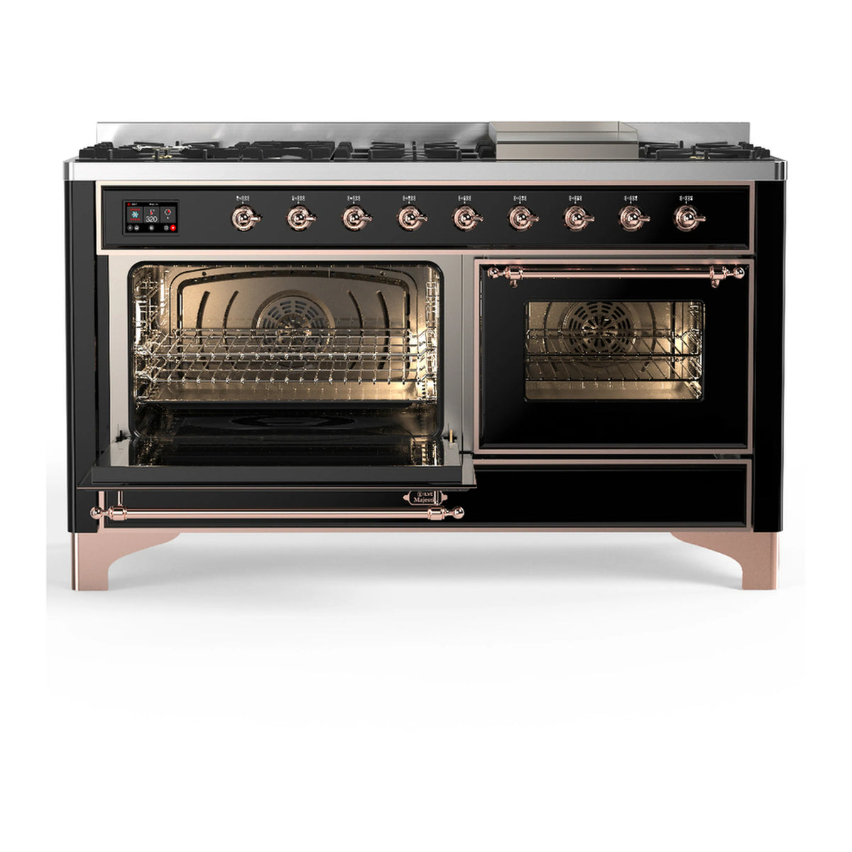 Black dual fuel range with two open oven doors and copper handle trim