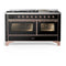 ILVE Majestic III 60-inch Dual Fuel Range with 7 Natural Gas Burner, Griddle and Triple Glass Door Electric Oven in Glossy Black with Copper Trim (UM60FNR3BKP)