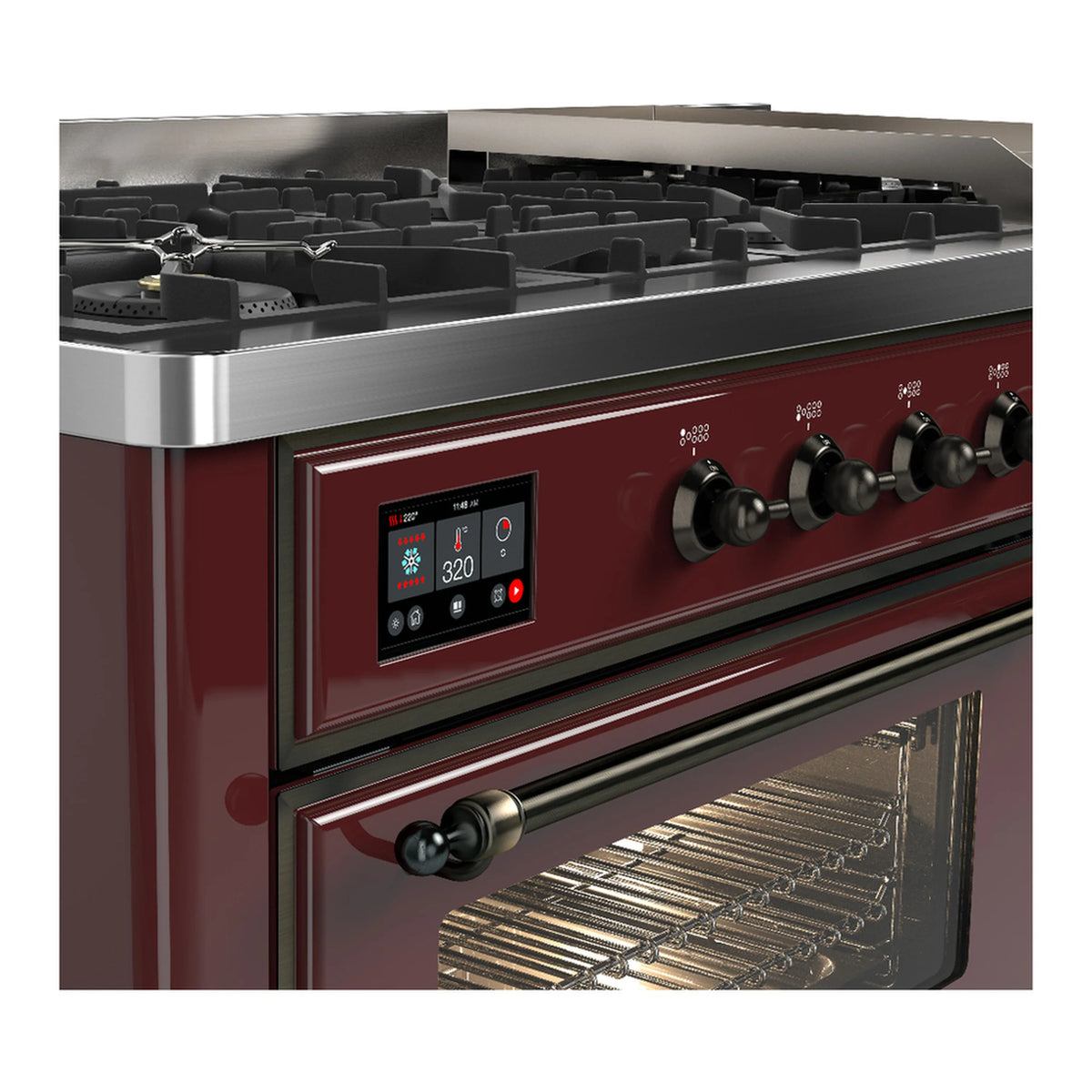 Burgundy dual fuel range with black cooktop grates and open oven door