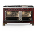 ILVE Majestic III 60-inch Dual Fuel Range with 5 Liquid Propane Burner, Griddle and Triple Glass Door Electric Oven in Burgundy with Burnished Trim (UM60FNR3BUBLP)