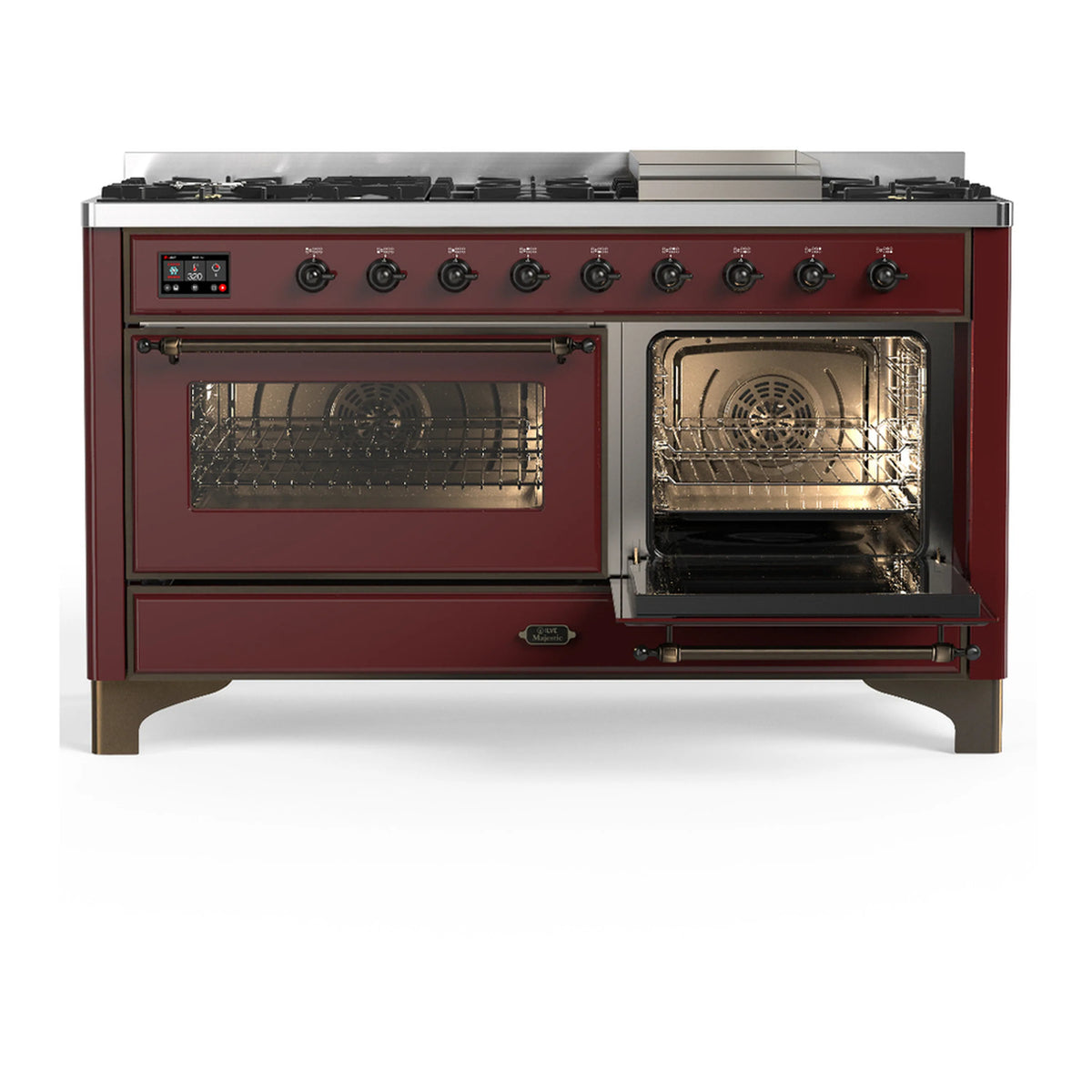 Burgundy dual fuel range with one oven door open and cooktop control knobs