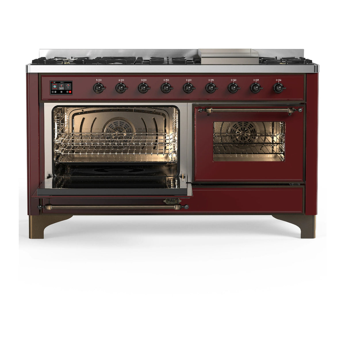 Burgundy dual fuel range with both oven doors open and front control panel