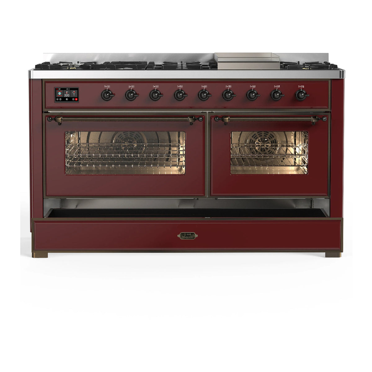 Burgundy dual fuel range with double oven glass doors closed and control knobs
