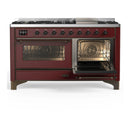 ILVE Majestic III 60-inch Dual Fuel Range with 7 Natural Gas Burner, Griddle and Triple Glass Door Electric Oven in Burgundy with Burnished Trim (UM60FNR3BUB)
