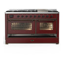 ILVE Majestic III 60-inch Dual Fuel Range with 7 Natural Gas Burner, Griddle and Triple Glass Door Electric Oven in Burgundy with Burnished Trim (UM60FNR3BUB)