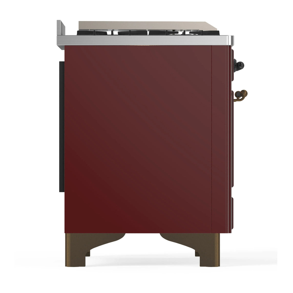 Burgundy ILVE dual fuel range side panel with stainless top and rear fittings
