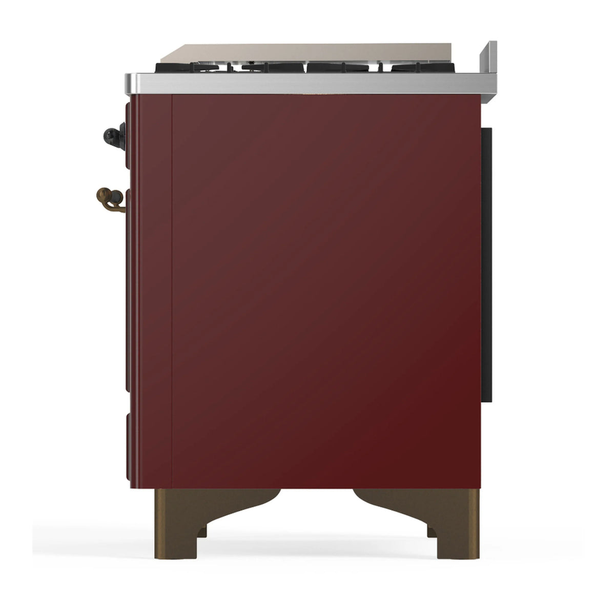 Burgundy ILVE dual fuel range rear side view with handle fittings and feet