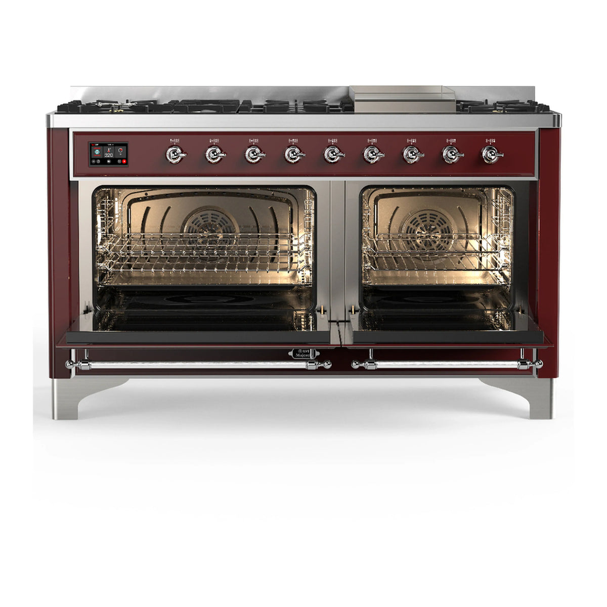 Burgundy dual fuel range with chrome trim, two open oven doors and control knobs