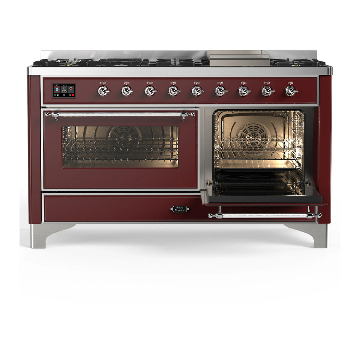 Burgundy dual fuel range with chrome trim, two open ovens with racks and controls