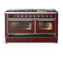 ILVE Majestic III 60-inch Dual Fuel Range with 5 Liquid Propane Burner, Griddle and Triple Glass Door Electric Oven in Burgundy with Chrome Trim (UM60FNR3BUCLP)