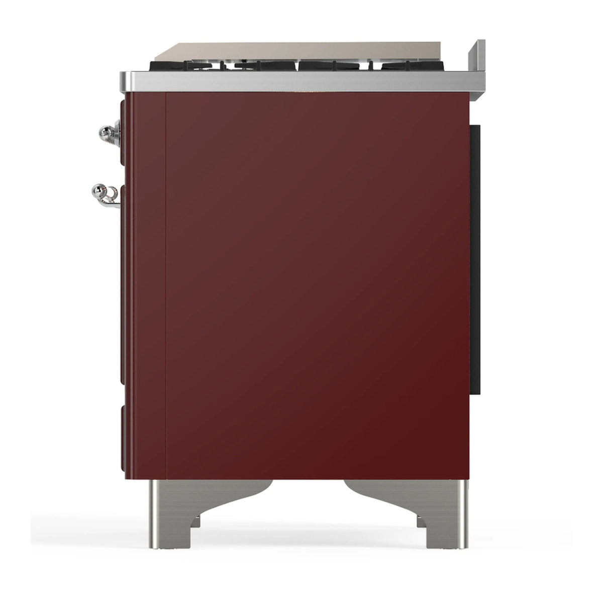 Burgundy range side panel with chrome side knobs and raised chrome feet