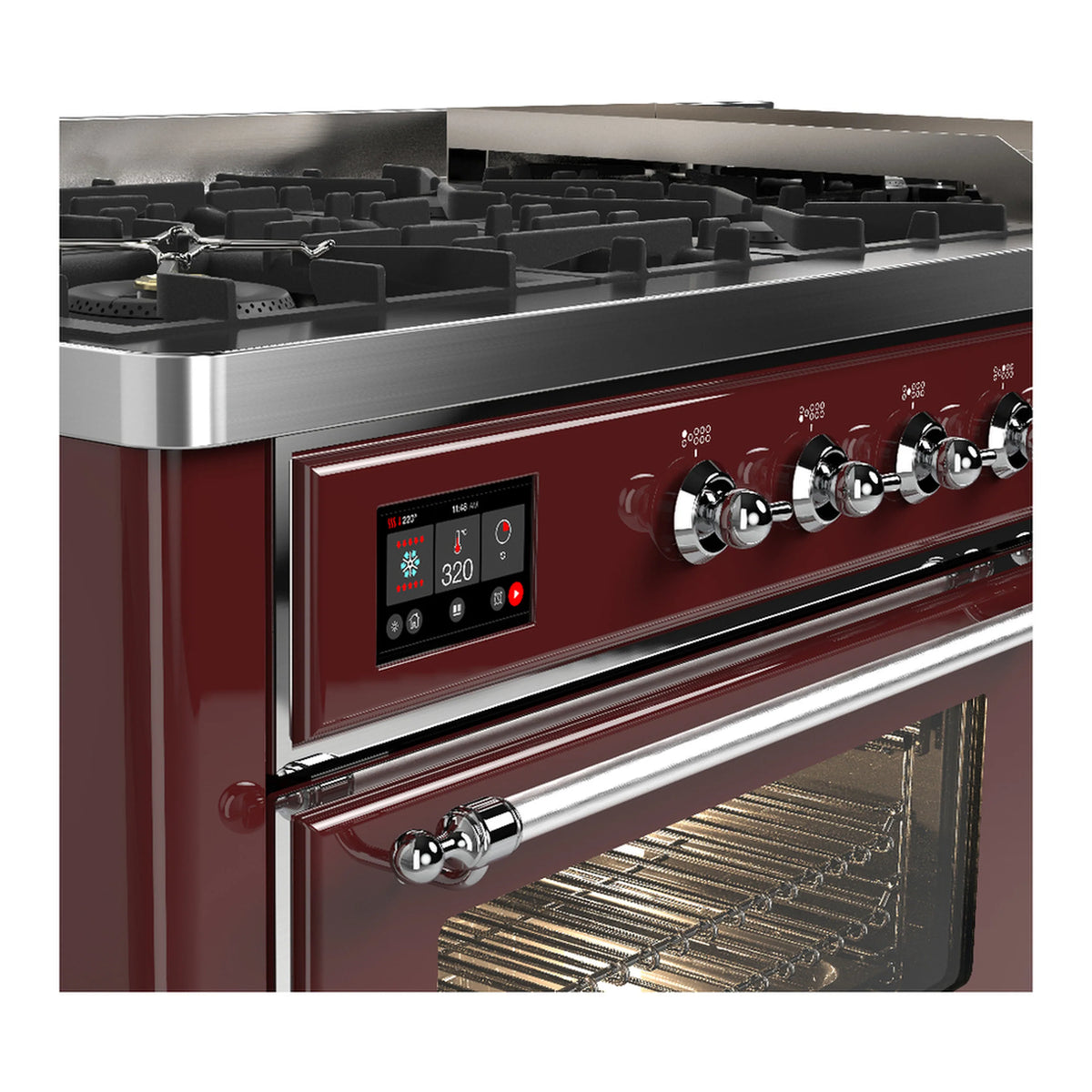 Burgundy dual fuel range with chrome trim, control panel, gas burners and oven door glass