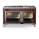 ILVE Majestic III 60-inch Dual Fuel Range with 7 Natural Gas Burner, Griddle and Triple Glass Door Electric Oven in Burgundy with Chrome Trim (UM60FNR3BUC)