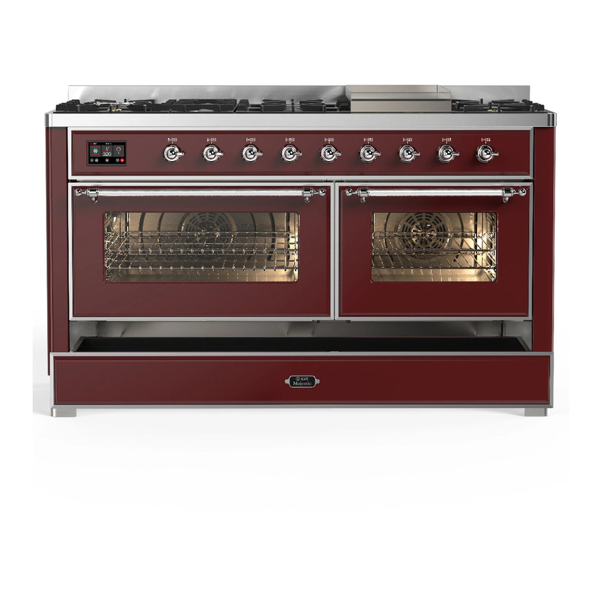 Burgundy dual fuel range with two open oven doors, chrome control knobs and oven handles