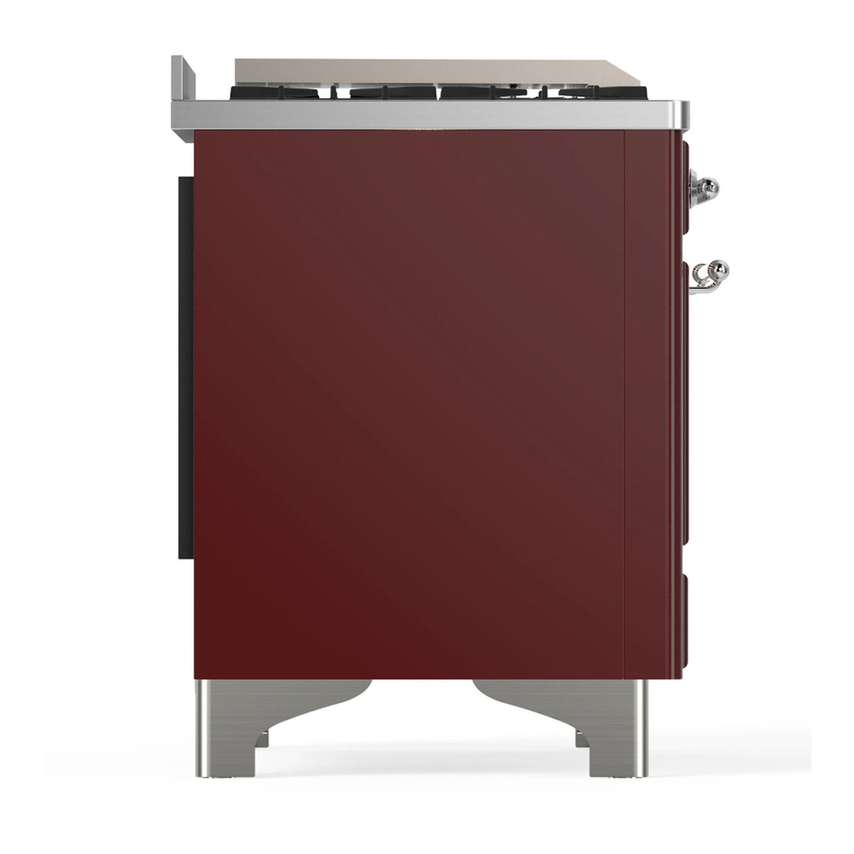 Burgundy dual fuel range side panel with stainless legs and chrome side handle hardware