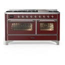ILVE Majestic III 60-inch Dual Fuel Range with 7 Natural Gas Burner, Griddle and Triple Glass Door Electric Oven in Burgundy with Chrome Trim (UM60FNR3BUC)