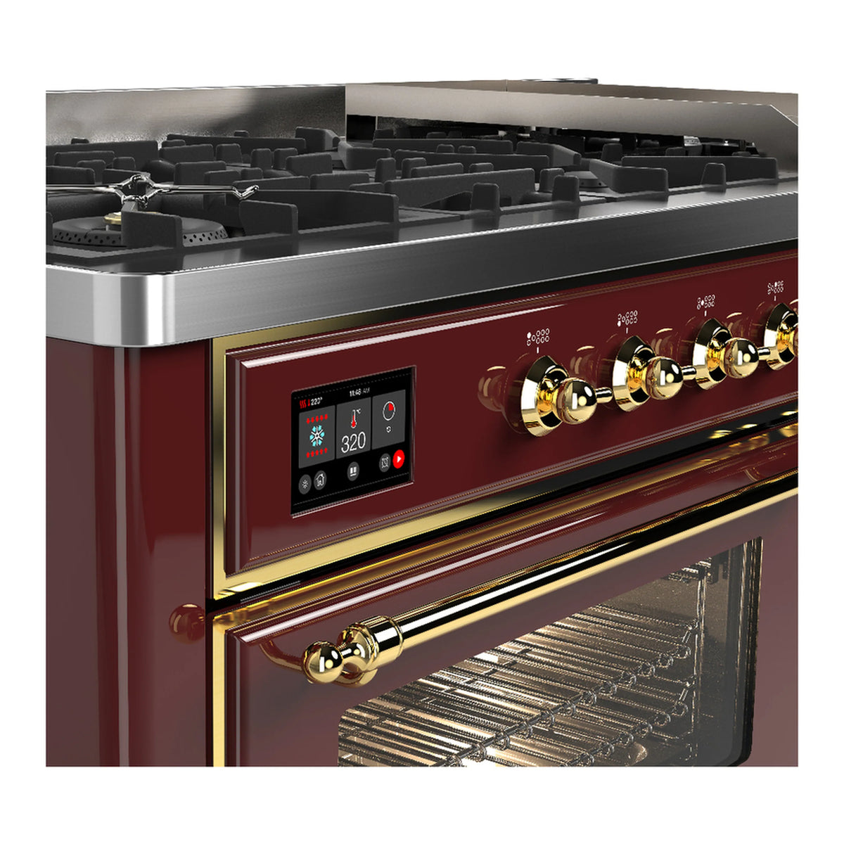 Burgundy dual fuel range with brass trim, control panel, and open oven door side view.