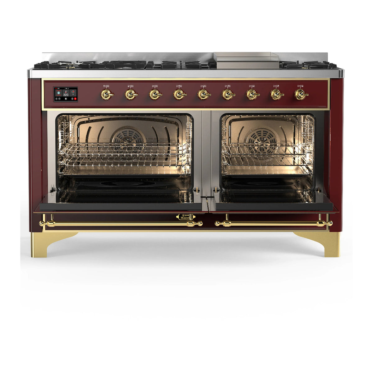 Burgundy dual fuel range with two oven doors open, showing racks and back burners.