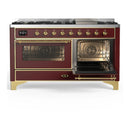 ILVE Majestic III 60-inch Dual Fuel Range with 5 Liquid Propane Burner, Griddle and Triple Glass Door Electric Oven in Burgundy with Brass Trim (UM60FNR3BUGLP)