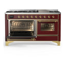 ILVE Majestic III 60-inch Dual Fuel Range with 5 Liquid Propane Burner, Griddle and Triple Glass Door Electric Oven in Burgundy with Brass Trim (UM60FNR3BUGLP)