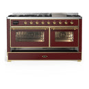 ILVE Majestic III 60-inch Dual Fuel Range with 5 Liquid Propane Burner, Griddle and Triple Glass Door Electric Oven in Burgundy with Brass Trim (UM60FNR3BUGLP)