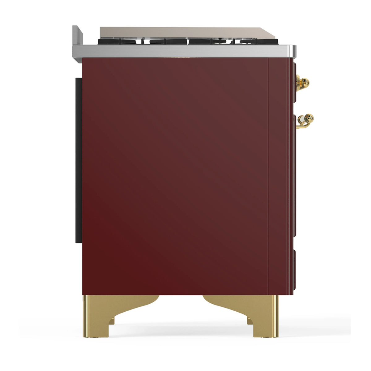Burgundy dual fuel range cabinet side panel with brass feet and control-side edge.