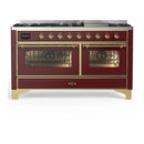 ILVE Majestic III 60-inch Dual Fuel Range with 5 Liquid Propane Burner, Griddle and Triple Glass Door Electric Oven in Burgundy with Brass Trim (UM60FNR3BUGLP)