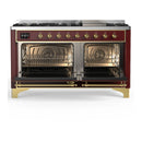 ILVE Majestic III 60-inch Dual Fuel Range with 7 Natural Gas Burner, Griddle and Triple Glass Door Electric Oven in Burgundy with Brass Trim (UM60FNR3BUG)