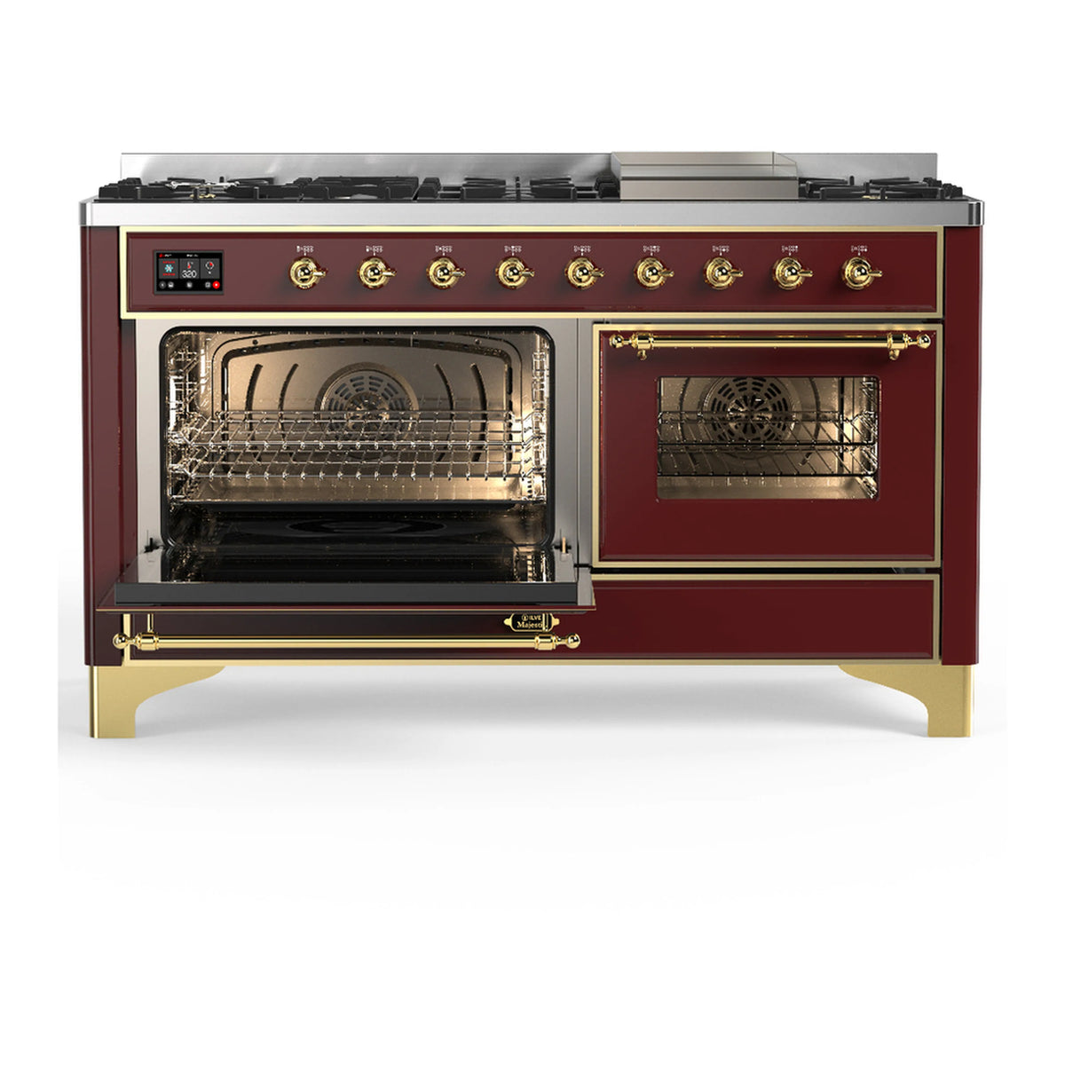 ILVE Majestic III dual fuel range with burgundy finish, one oven door open, brass hardware