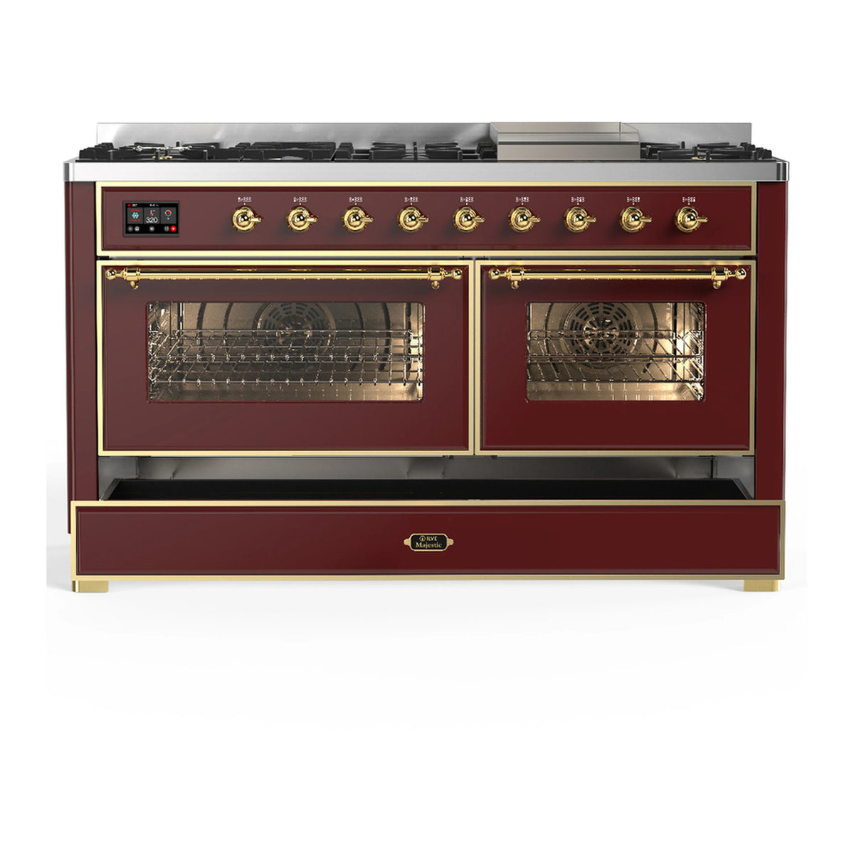 ILVE Majestic III dual fuel range in burgundy with brass trim, front view with lower storage