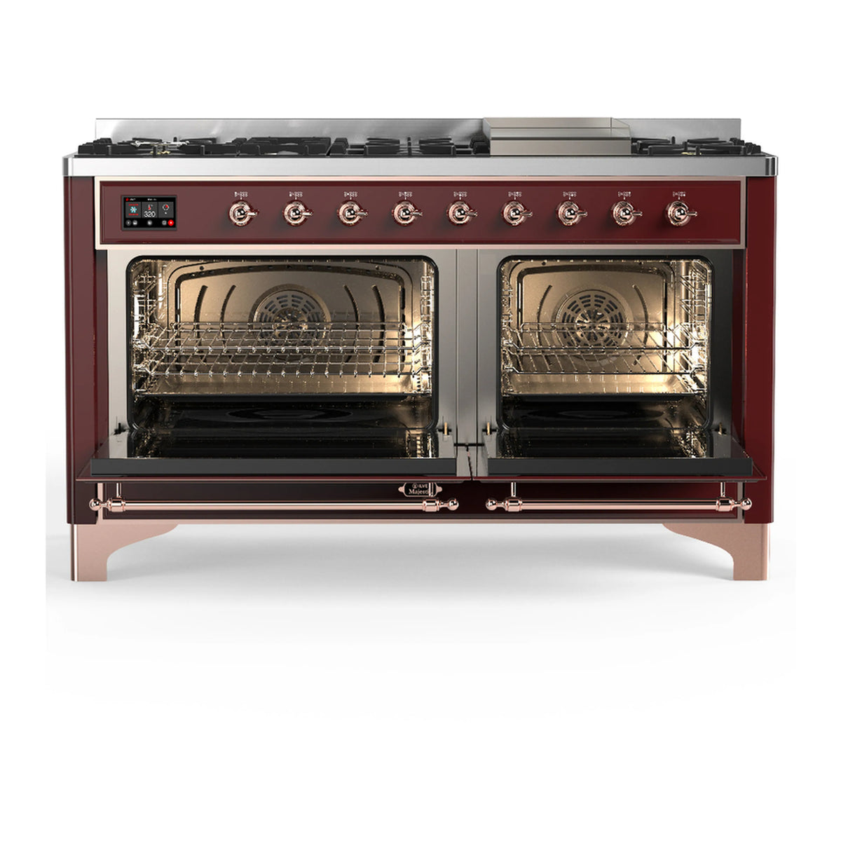 Burgundy dual fuel range with two open ovens and copper burner knobs