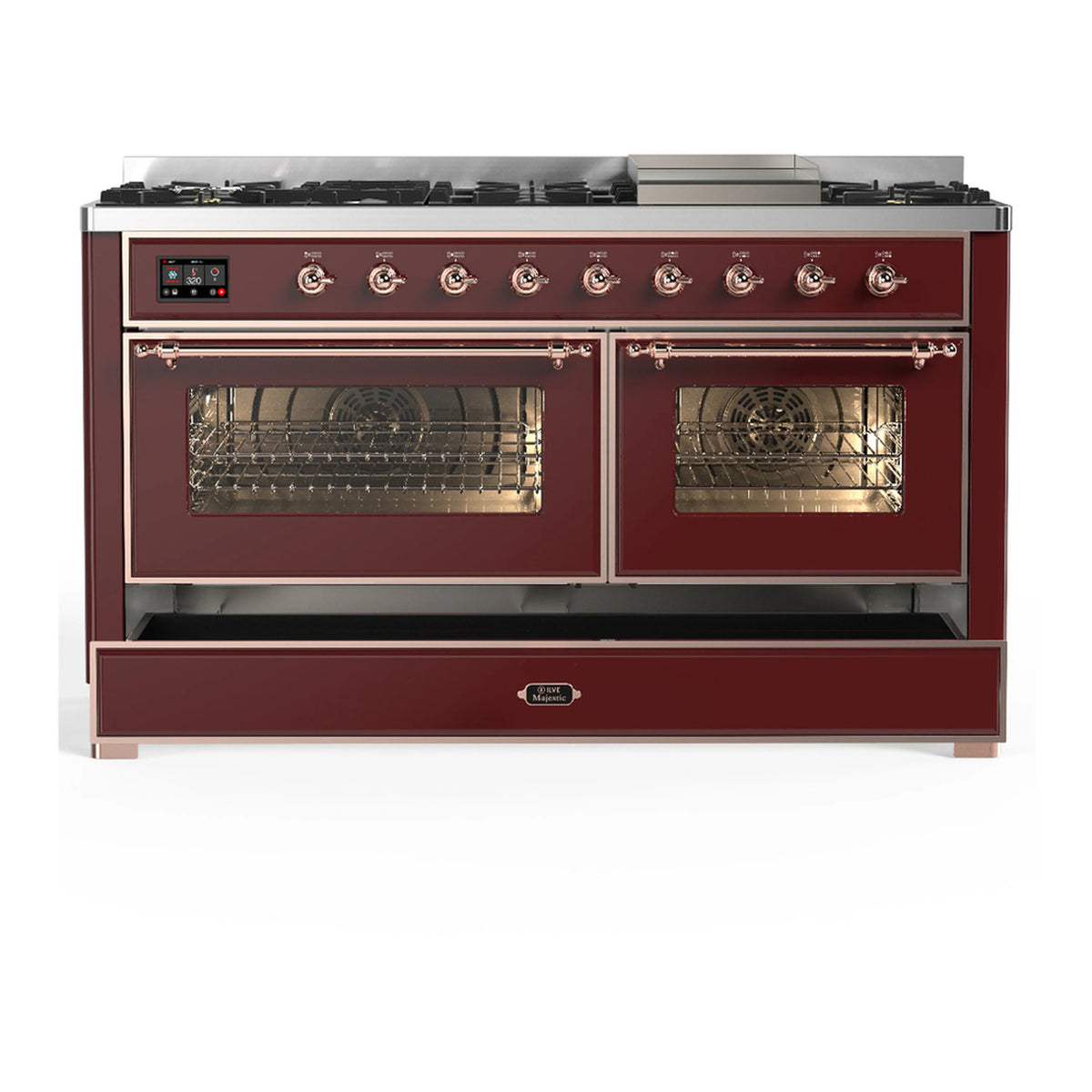 Burgundy dual fuel range with closed oven doors and copper-trimmed control knobs