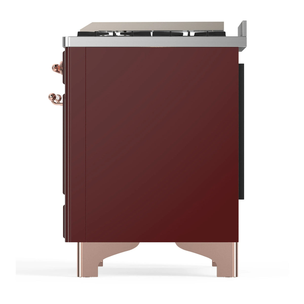 Burgundy dual fuel range end view with copper side handles and stainless trim
