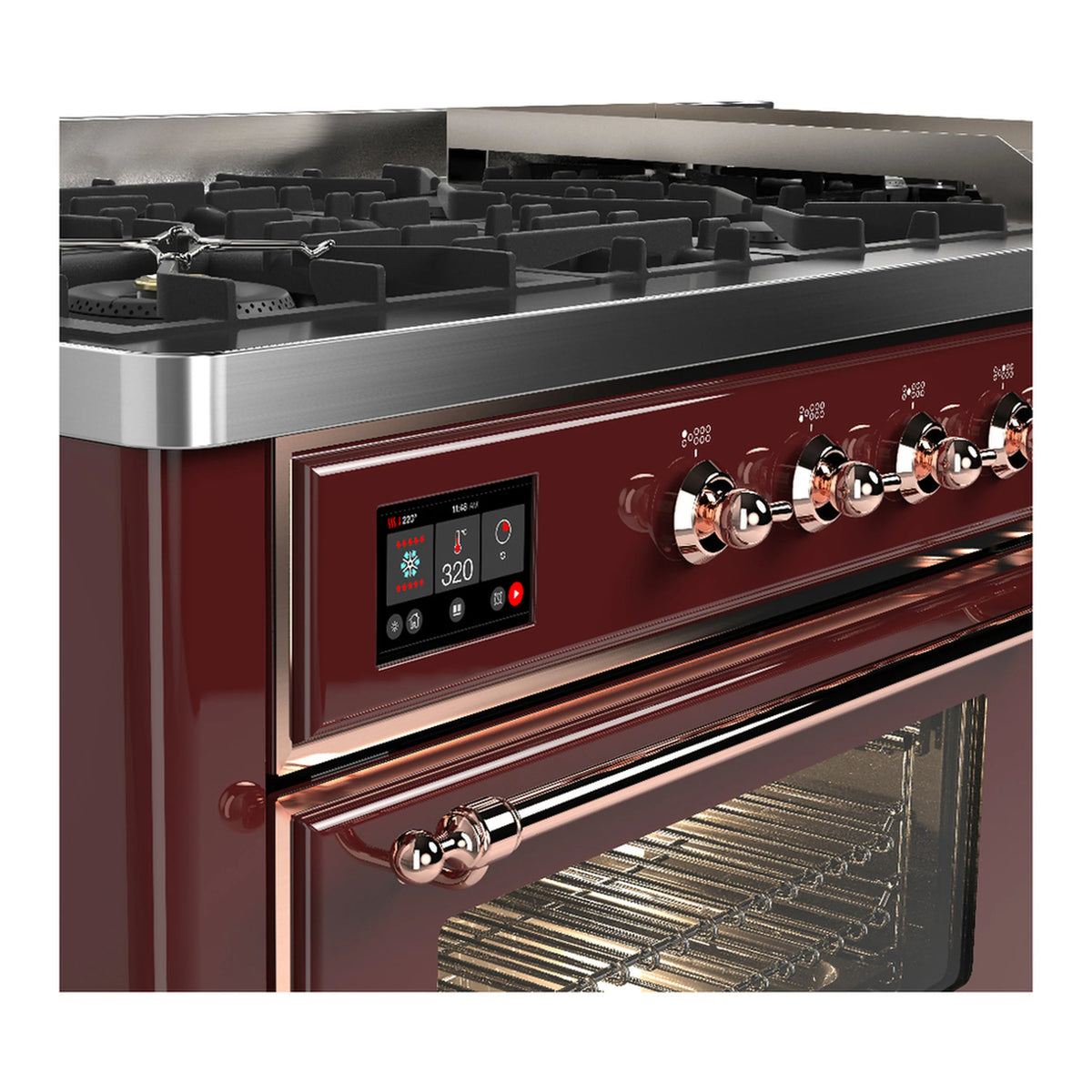 Burgundy dual-fuel range with copper trim, control panel and stainless cooktop grates
