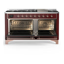 ILVE Majestic III 60-inch Dual Fuel Range with 7 Natural Gas Burner, Griddle and Triple Glass Door Electric Oven in Burgundy with Copper Trim (UM60FNR3BUP)