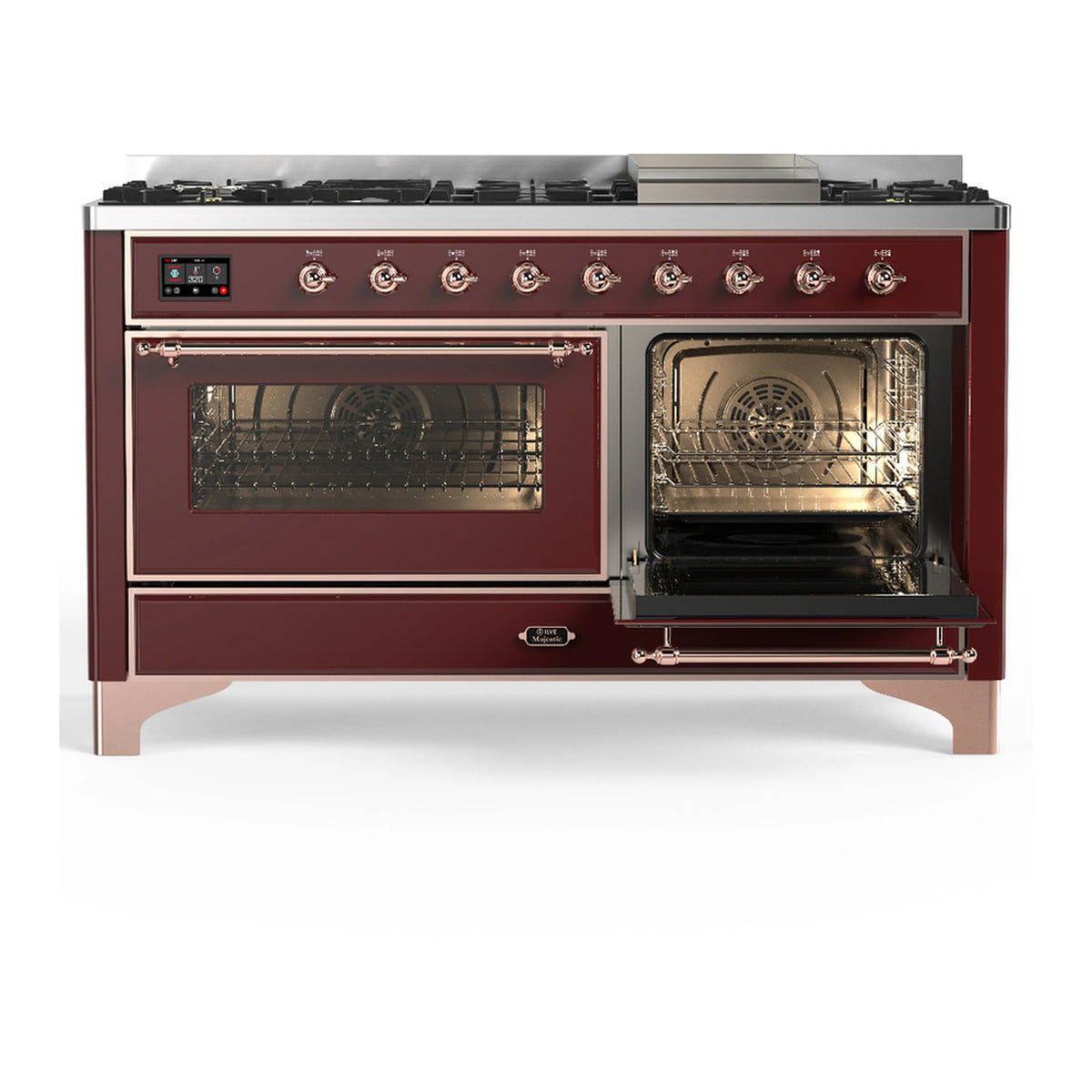 Burgundy dual-fuel range with one oven door open, glass window and interior rack