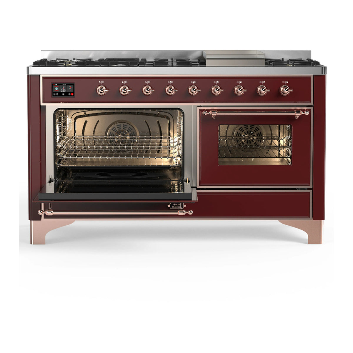 Burgundy dual-fuel range with two oven doors closed, glass windows and control knobs