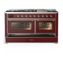 ILVE Majestic III 60-inch Dual Fuel Range with 7 Natural Gas Burner, Griddle and Triple Glass Door Electric Oven in Burgundy with Copper Trim (UM60FNR3BUP)