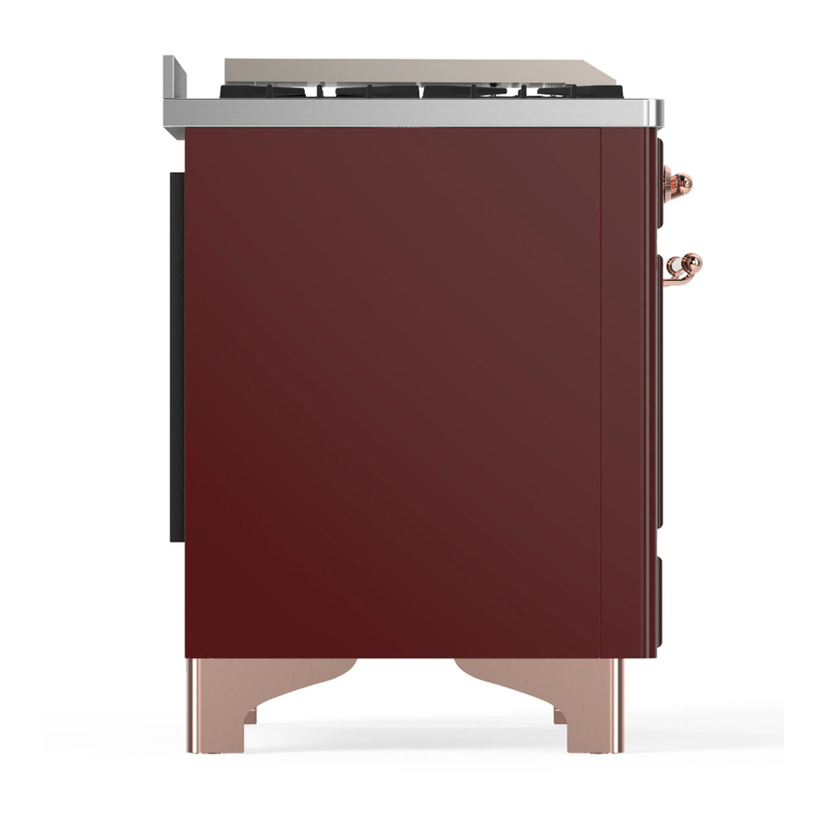 Burgundy range side panel with stainless trim and copper handle hardware