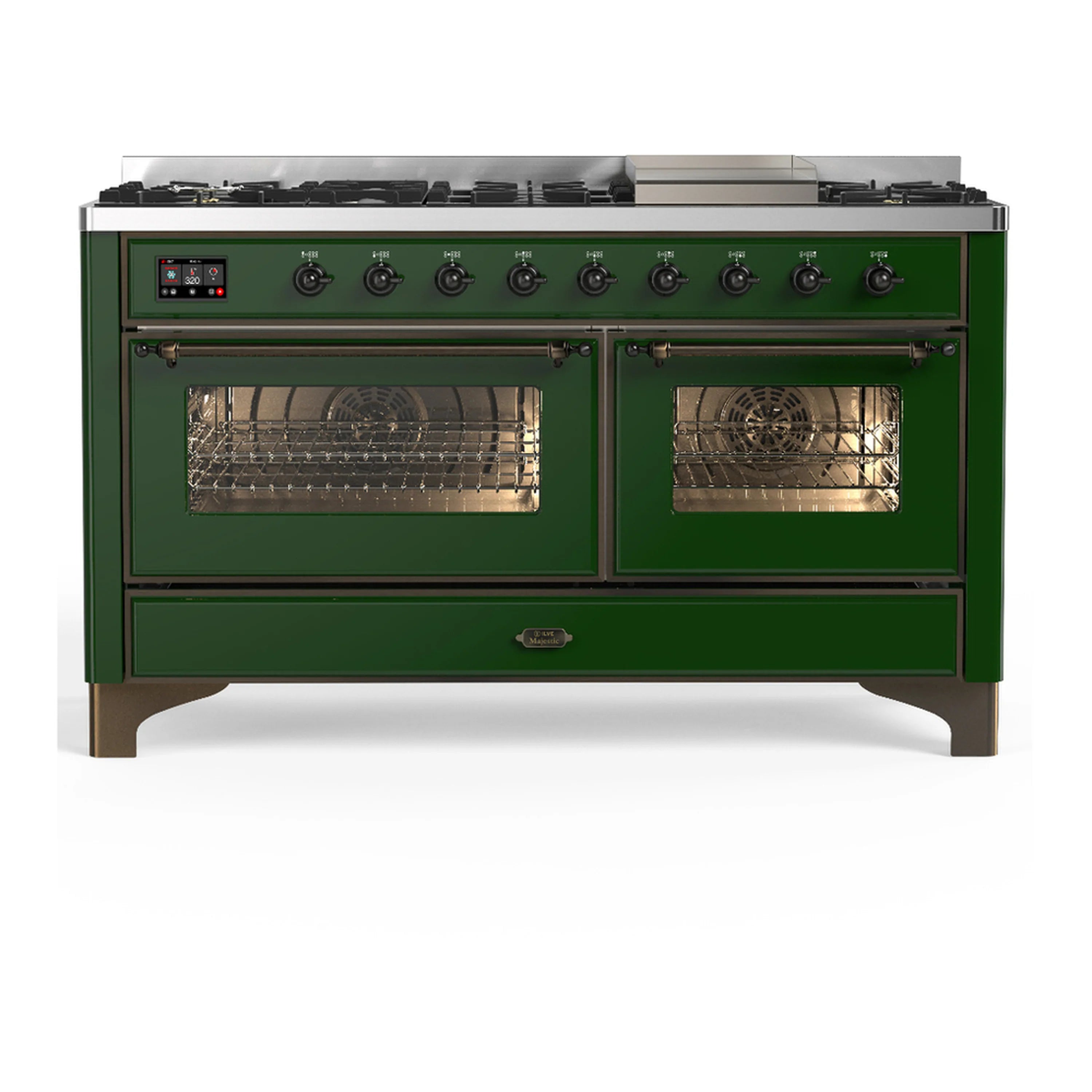 Emerald green dual fuel range front with two oven doors and visible racks