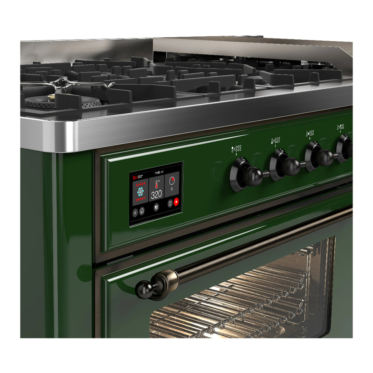 Emerald green dual fuel range front panel with control knobs and burner grates