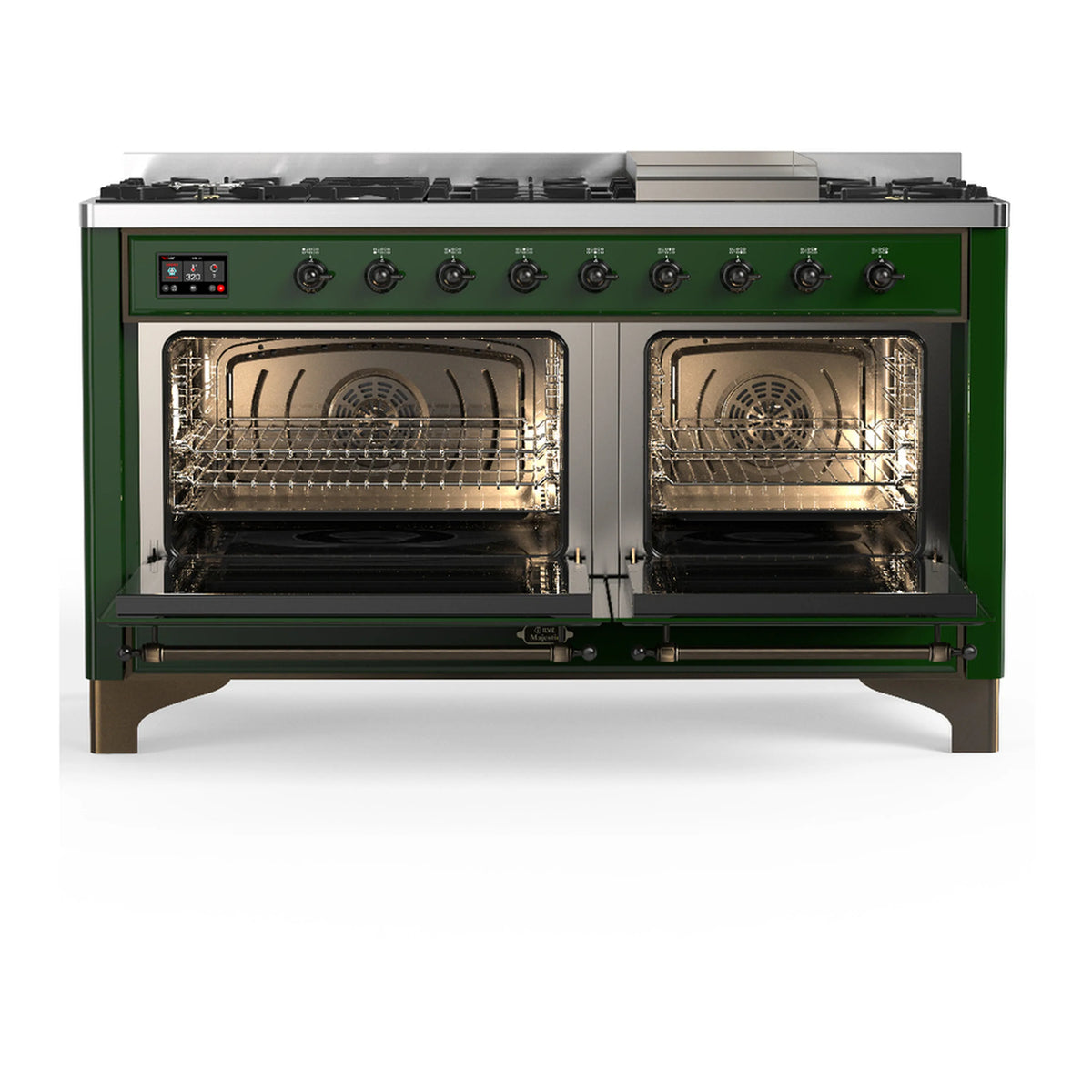 Emerald green dual fuel range with both oven doors open and wire racks inside