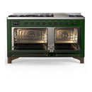 ILVE Majestic III 60-inch Dual Fuel Range with 7 Natural Gas Burner, Griddle and Triple Glass Door Electric Oven in Emerald Green with Burnished Trim (UM60FNR3EGB)