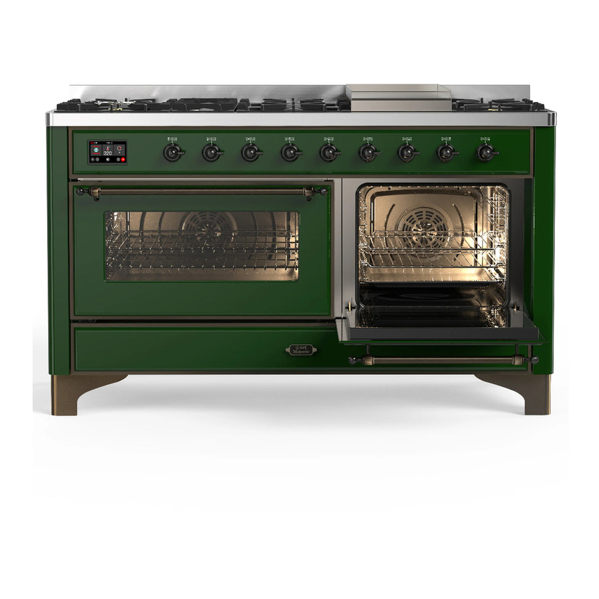 Emerald green dual fuel range front with both ovens open and wire racks inside