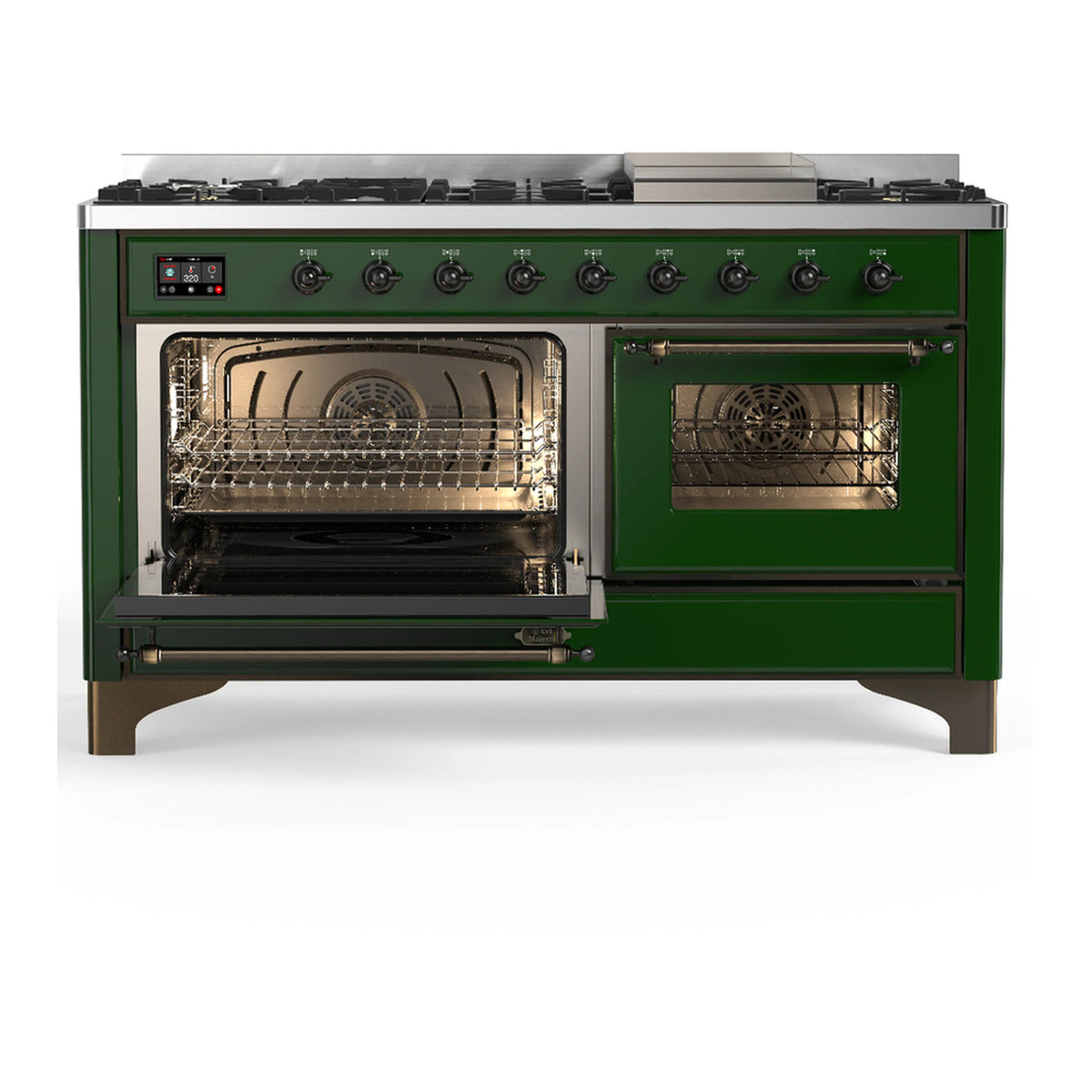 Emerald green dual fuel range with one oven door open and the other door closed