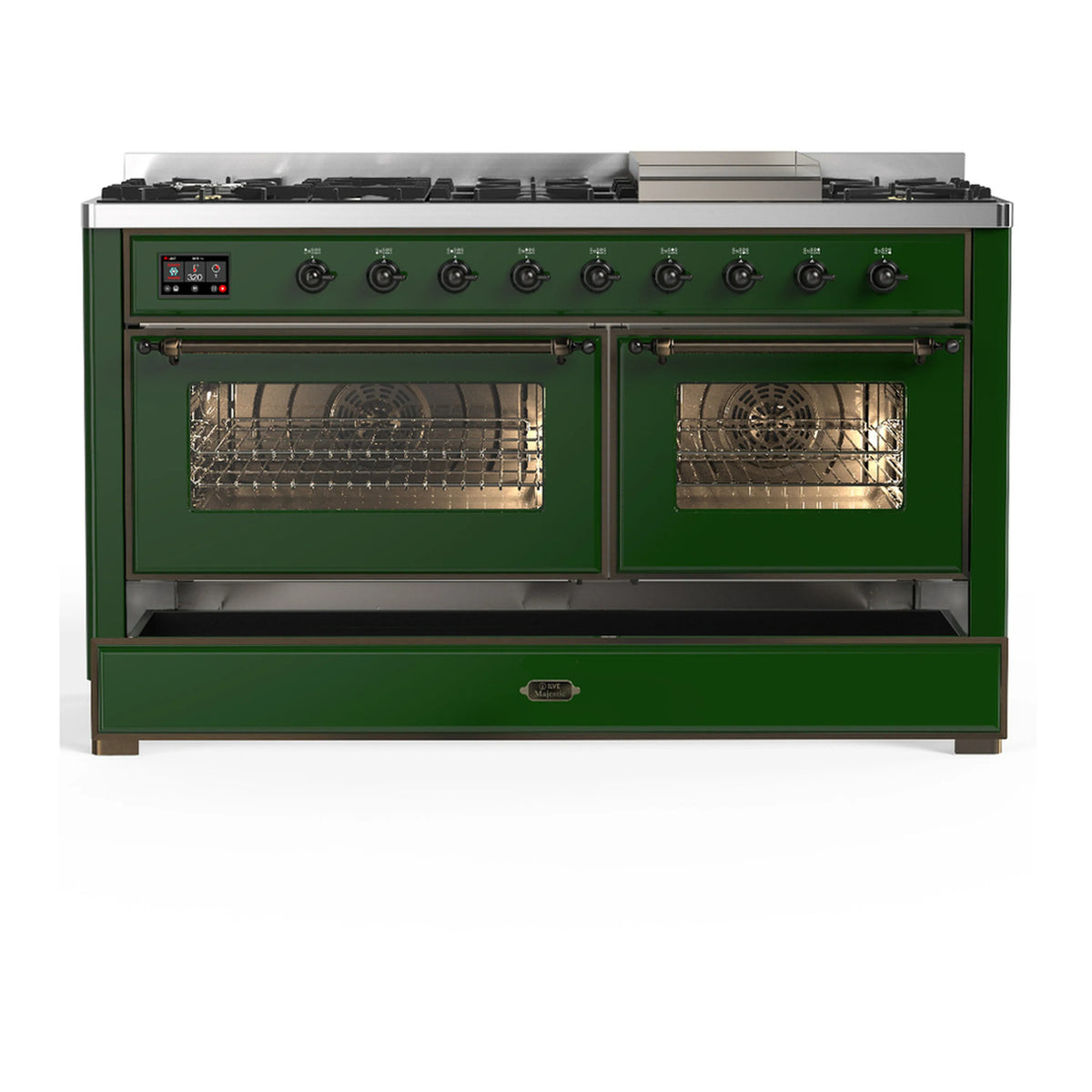 Emerald green dual fuel range with two oven doors closed and glass fronts