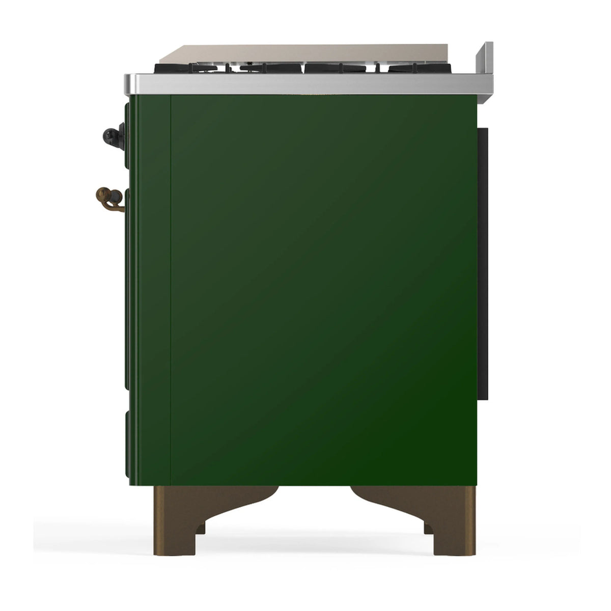 Emerald green dual fuel range rear-side panel with burner section edge visible