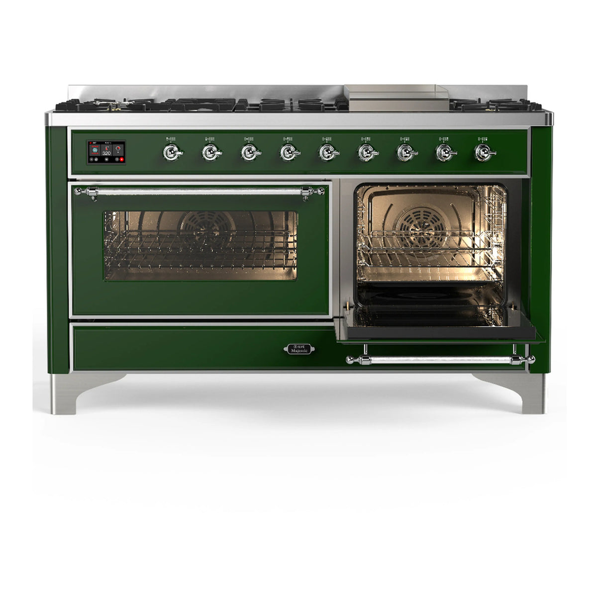 Emerald green dual fuel range with one open oven door, interior racks, and chrome trim