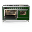 ILVE Majestic III 60-inch Dual Fuel Range with 5 Liquid Propane Burner, Griddle and Triple Glass Door Electric Oven in Emerald Green with Chrome Trim (UM60FNR3EGCLP)