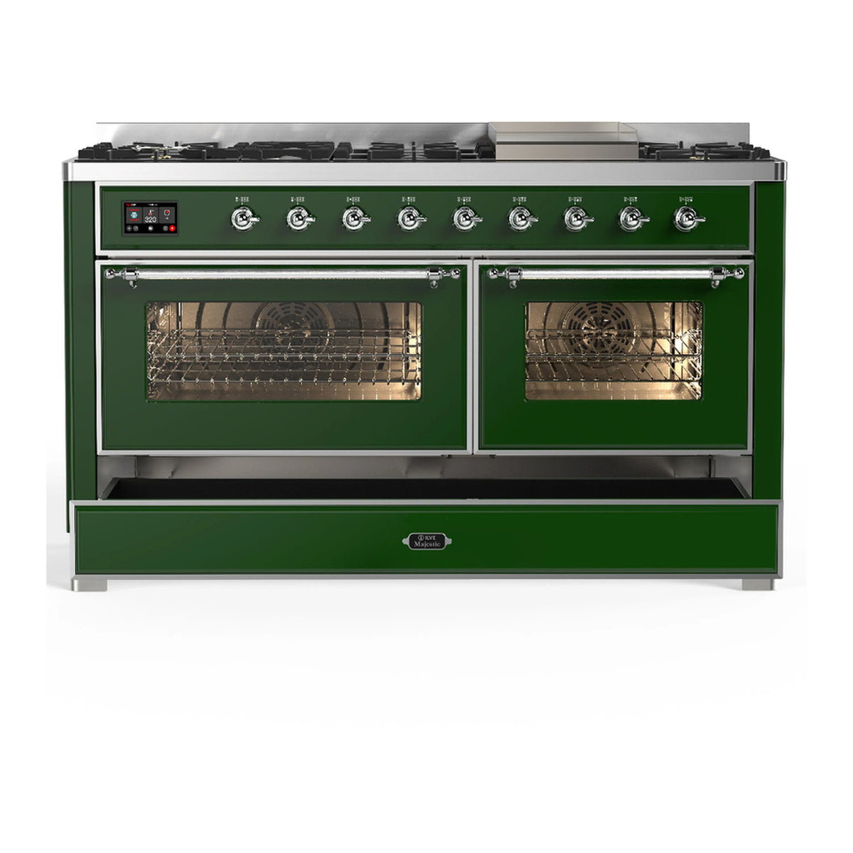 Emerald green dual fuel range with both oven doors open and stainless trim